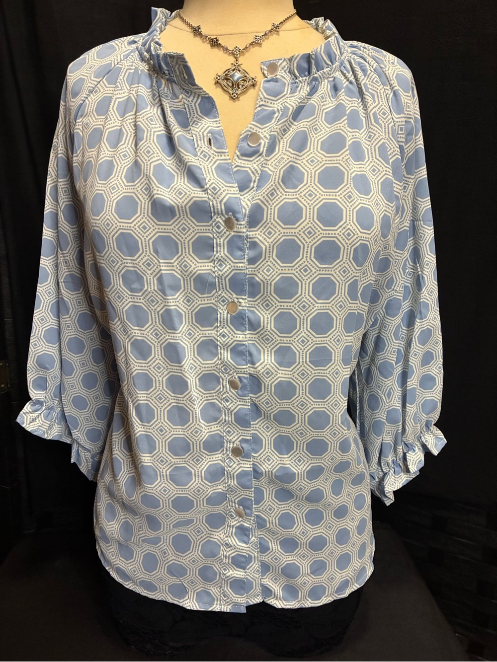 Ruby Rd. Light Blue Geometric Button-Front Blouse